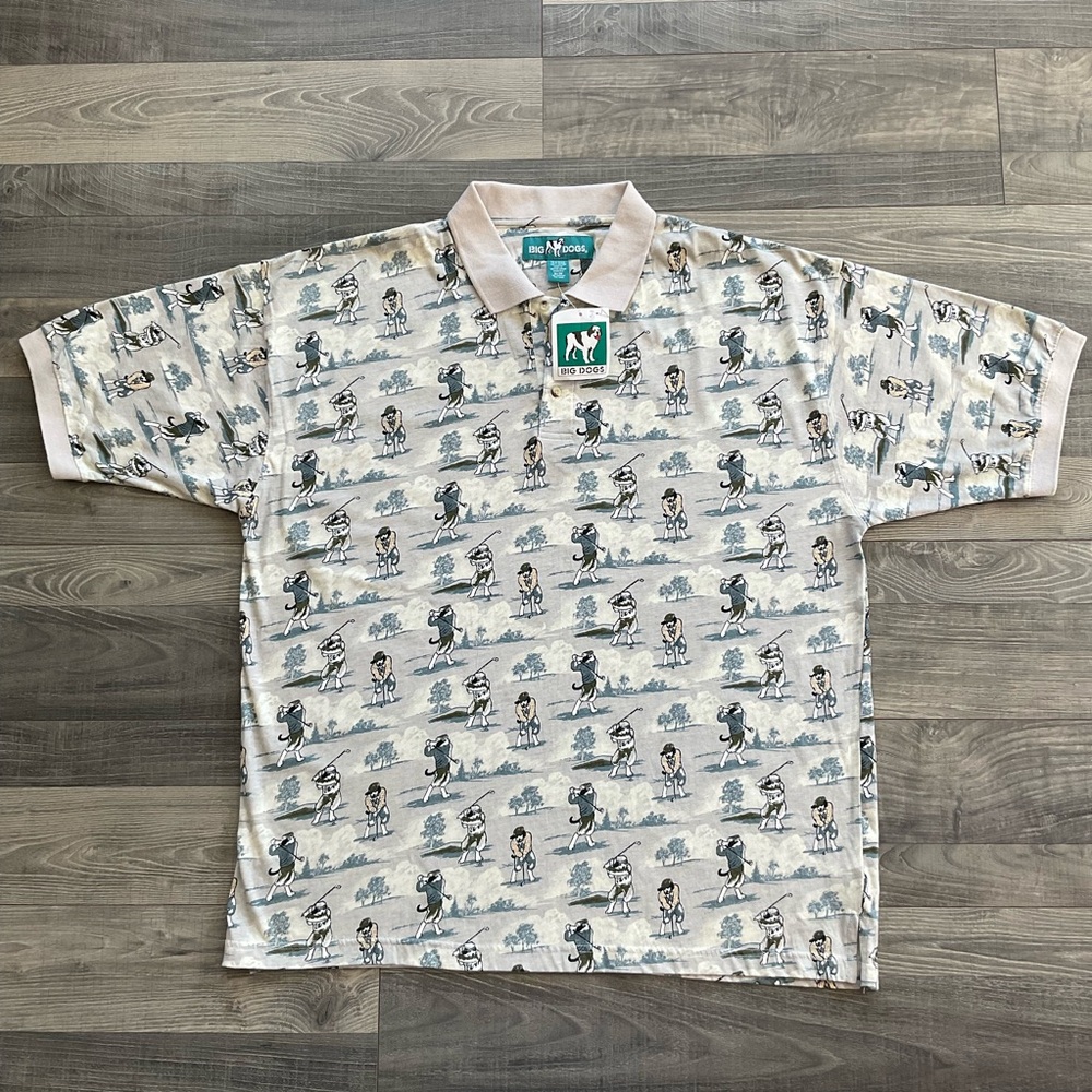 VTG NWT Big Dogs All Over Print Golfing Dogs Polo Shirt  Men’s 1X/2X Tan Beige
